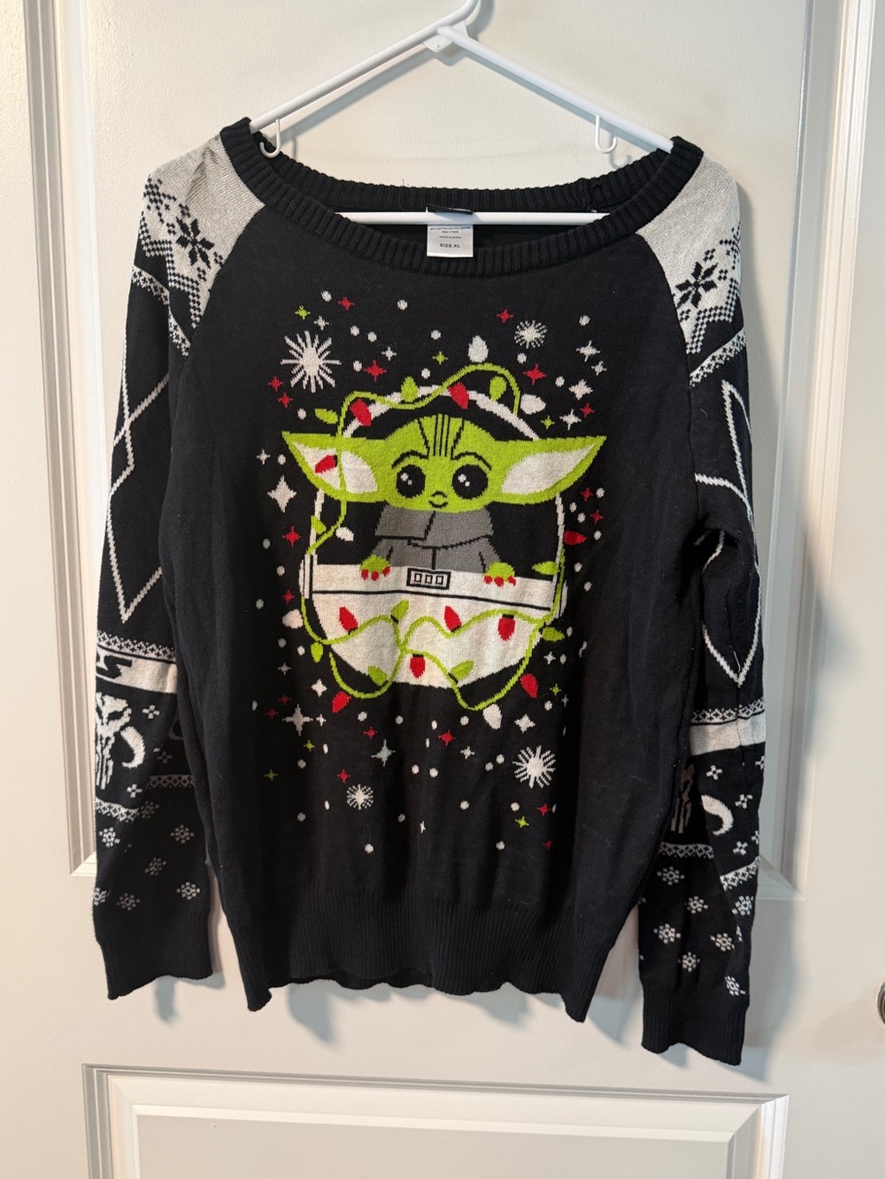Star Wars Men’s Black Crewneck Sweater with Green Baby Yoda Knit